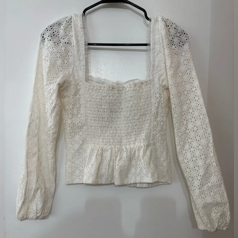Joie White Long Sleeve Cotton Eyelet Embroidered Square Neck Top XS Cottage Core
